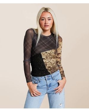 Gilded Intent Pieced Plaid Mesh Top - Blue