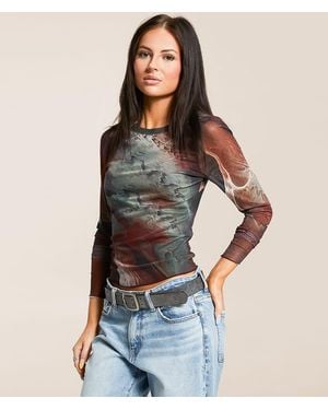 Gilded Intent Printed Mesh Top - Blue