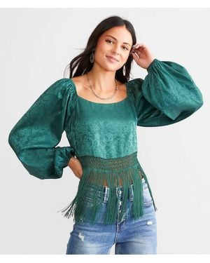 Willow & Root Satin Fringe Cropped Top - Green