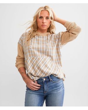 BKE Waffle Knit Plaid Hoodie - Brown