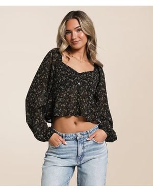 Willow & Root Floral Chiffon Peplum Cropped Top - Black