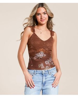 Willow & Root Keyhole Floral Eyelash Lace Tank Top - Blue
