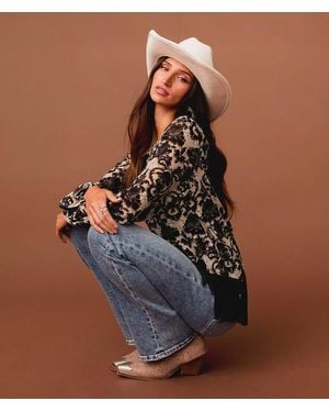 Sterling & Stitch Floral Mesh Fringe Top - Brown