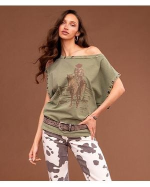 Sterling & Stitch Off The Shoulder Grommet T-Shirt - Brown
