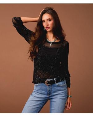 Sterling & Stitch Rhinestone Mesh Top - Black