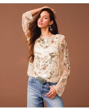 Sterling & Stitch Sequin Mesh Top - Brown