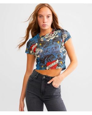 Ed Hardy Skulls Cropped T-Shirt - Blue