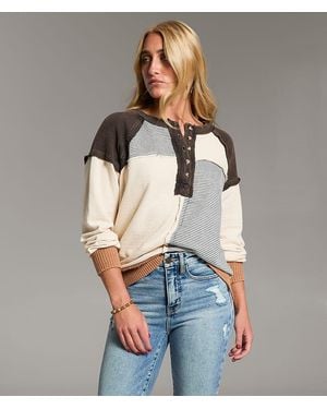 BKE Pieced Stripe Oversized Henley Pullover - Gray