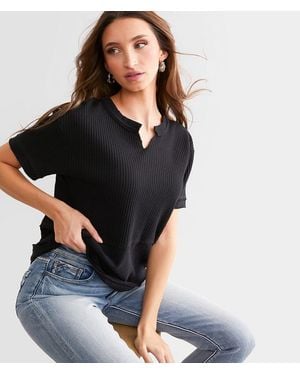 BKE Split Neck Waffle Knit Top - Black