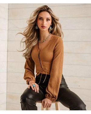 Sterling & Stitch Lace-Up Textured Top - Brown
