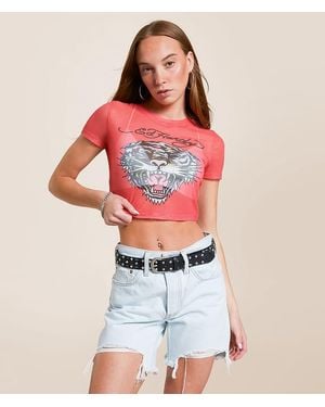 Ed Hardy Tiger Head Power Cropped Baby T-Shirt - Red