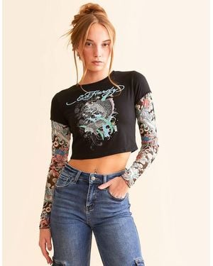 Ed Hardy Koi Fish Baby Cropped T-Shirt - Blue