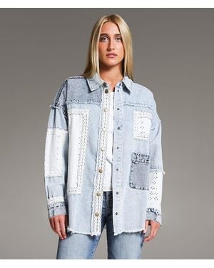 BKE Pieced Crochet & Denim Oversized Shacket - Blue
