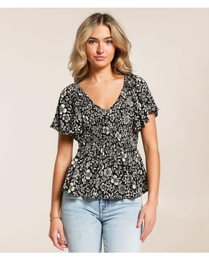 Angie Floral Smocked Peplum Top - Black
