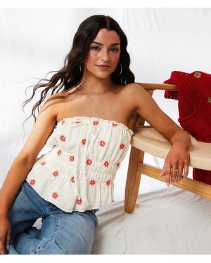 33 Coastal Embroidered Floral Peplum Tube Top - Natural