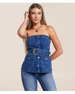 Blue B Belted Denim Stretch Tube Top - Blue