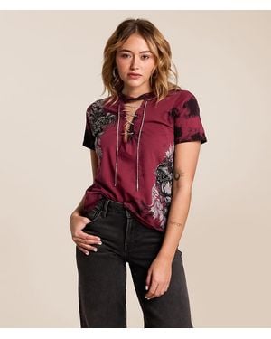 Affliction Seductive Rhinestone Lace-Up T-Shirt - Red
