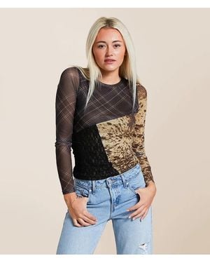 Gilded Intent Pieced Plaid Mesh Top - Blue