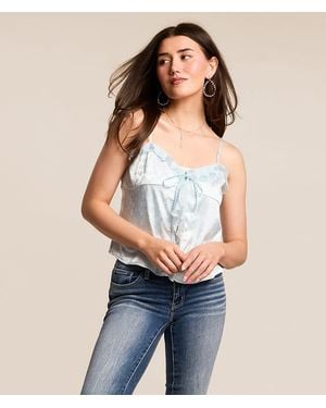 Lush Embroidered Floral Satin Ruffle Tank Top - Blue