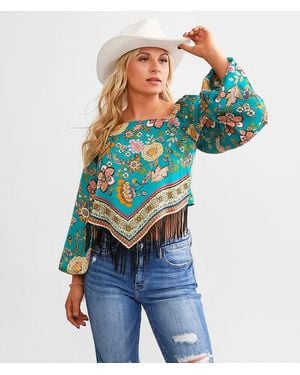 Daytrip Satin Handkerchief Hem Fringe Cropped Top - Blue