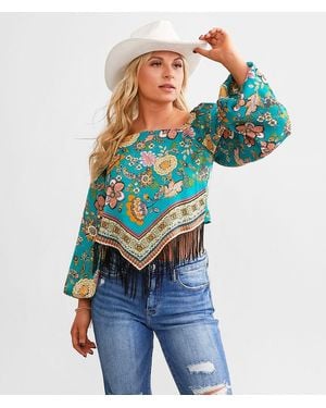 Daytrip Satin Handkerchief Hem Fringe Cropped Top - Blue