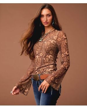 Sterling & Stitch Paisley Mesh Top - Brown