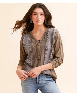 BKE Pieced Cable Knit Washed Henley - Brown
