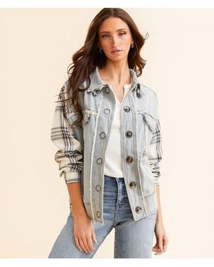 Oli & Hali Plaid Pieced Denim Jacket - Gray