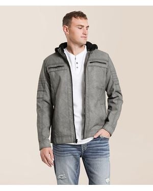 Buckle Black Distressed Faux Leather Hooded Jacket - Gray