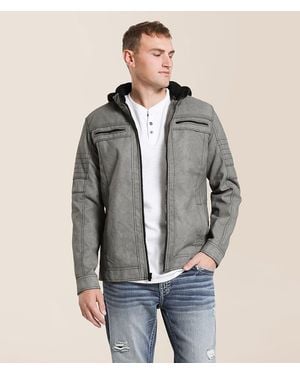 Buckle Black Distressed Faux Leather Hooded Jacket - Gray