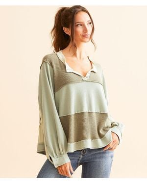 Pol Pieced Faux Henley Top - Natural