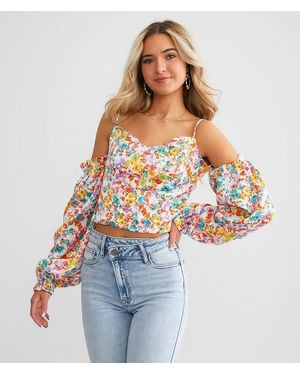Willow & Root Floral Sweetheart Cropped Top - Blue