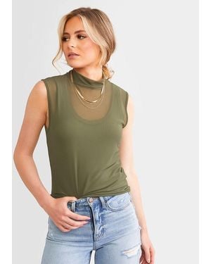BKE Mesh Mock Neck Tank Top - Green