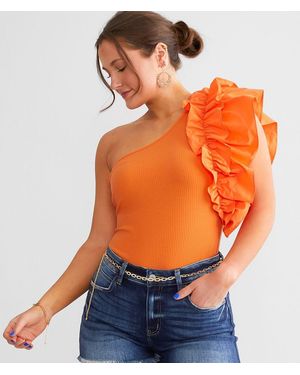 Willow & Root One Shoulder Ruffle Bodysuit - Orange