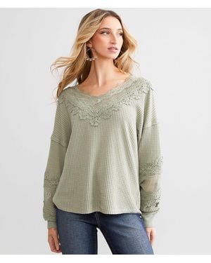 Daytrip Crochet Applique Waffle Knit Top - Green