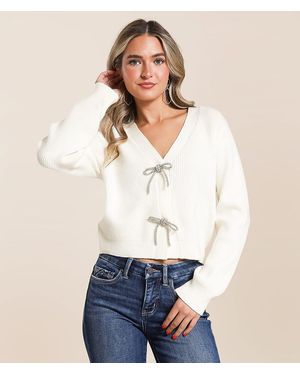 The Workshop Rhinestone Bow Cropped Cardigan Sweater - White