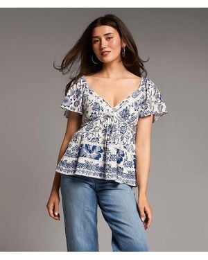 BKE Floral Eyelet Top - Gray