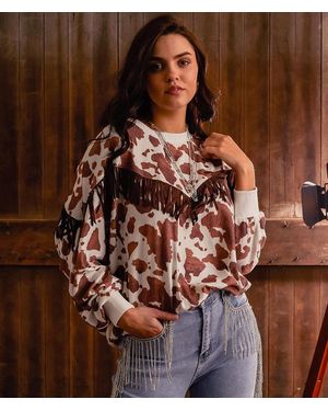 Sterling & Stitch Cow Print Fringe Top - Brown