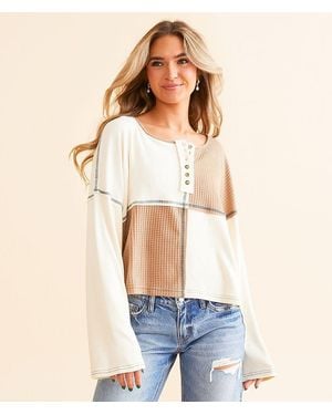 Pol Pieced Waffle Knit Henley - Blue