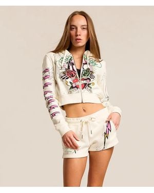 Ed Hardy Panther Cropped Hoodie - Natural
