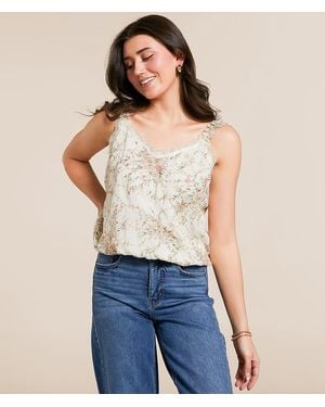 Daytrip Metallic Embroidered Floral Chiffon Tank Top - Blue