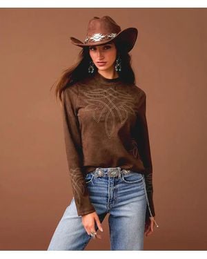 Sterling & Stitch Embroidered Faux Suede Top - Brown