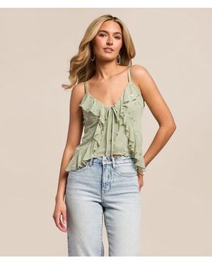 Willow & Root Floral Embroidered Ruffle Cropped Tank Top - Blue