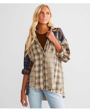 Miss Me Mixed Plaid Hooded Shirt - Brown