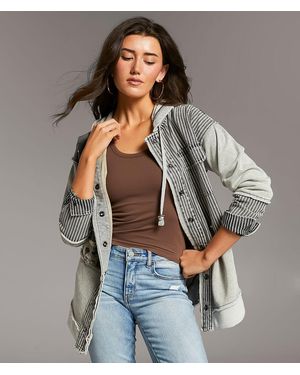 BKE Pieced Camo Stripe Hooded Shacket - Gray