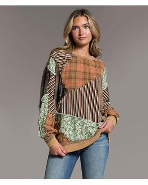 BKE Pieced Plaid & Floral Pullover - Brown