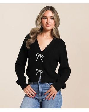 The Workshop Rhinestone Bow Cropped Cardigan Sweater - Black