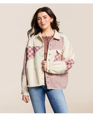 Pol Pieced Floral Checkered Denim Shacket - Natural