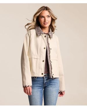 Blu Pepper Plaid Trim Denim Jacket - Blue