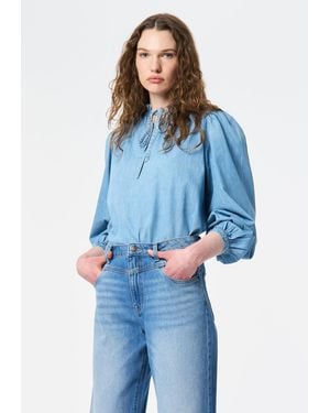 Buffalo David Bitton Buffalo Jeans Lowen Ruffled Tie-Neck Denim Blouse - Blue